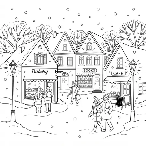 Winter Scene Coloring Page for Adults — Snowy Village With Shops and Lamps