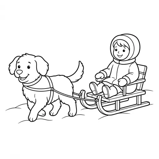 Sledding Coloring Page — Dog Pulling a Child on a Sled