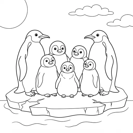 Winter Animal Coloring Page — Penguin Family on the Ice