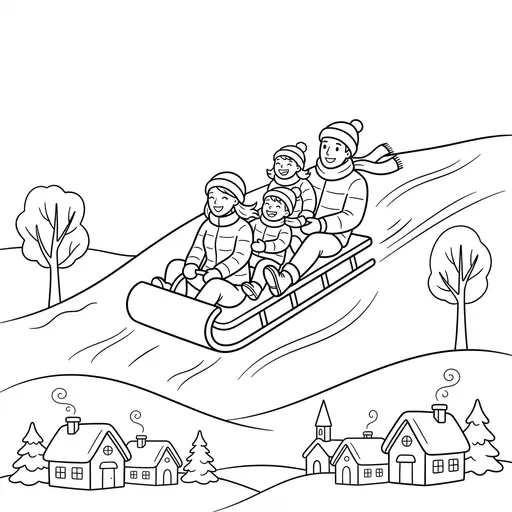 Sledding Coloring Page for Adults — Family Riding a Sled Down a Snowy Hill