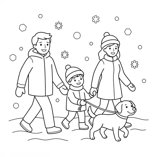 Winter Scene Coloring Page — Walking a Dog in Winter
