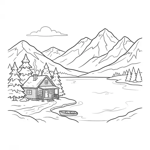 Winter Scene Coloring Page for Adults — Cabin by a Frozen Lake