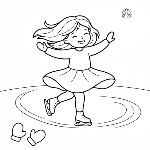 Ice Skating Coloring Page — Girl Spinning on a Frozen Pond