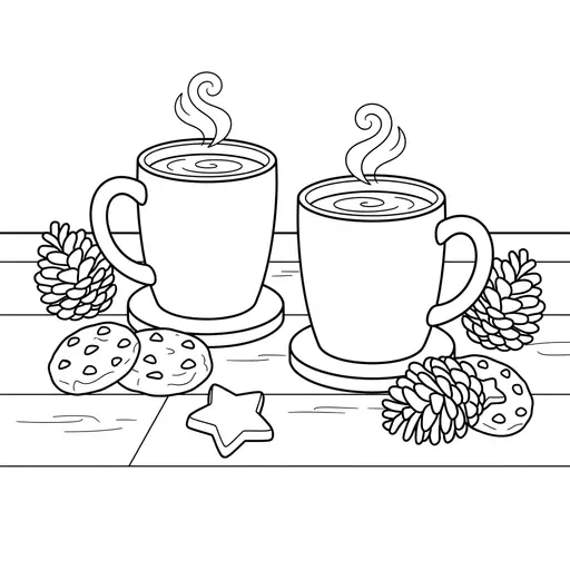 Hot Chocolate Coloring Page for Adults — Mugs with Cookies and Pine Cones