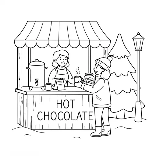 Hot Chocolate Coloring Page — Hot Chocolate Stand at a Winter Market