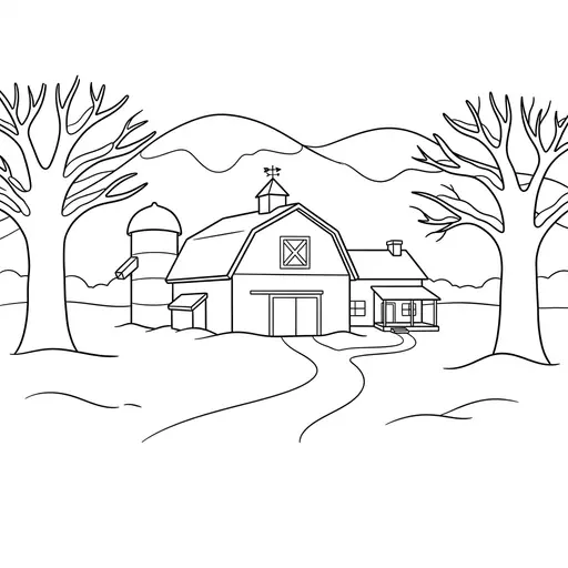 Winter Scene Coloring Page — Snowy Landscape With Barn And Trees