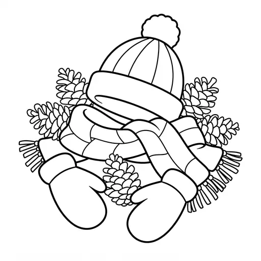 Mitten Coloring Page — Scarf Mittens and Pine Cones