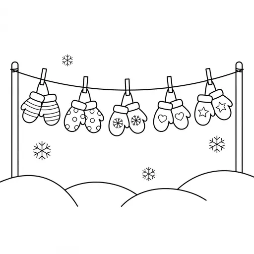 Mitten Coloring Page — Hanging on a Clothesline in the Snow