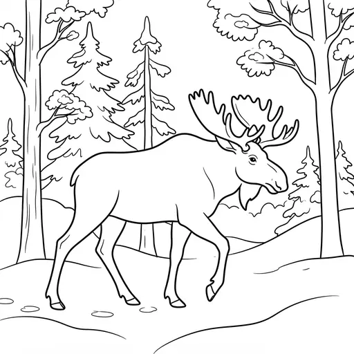 Winter Animal Coloring Page for Adults — Moose Walking Through a Snowy Forest
