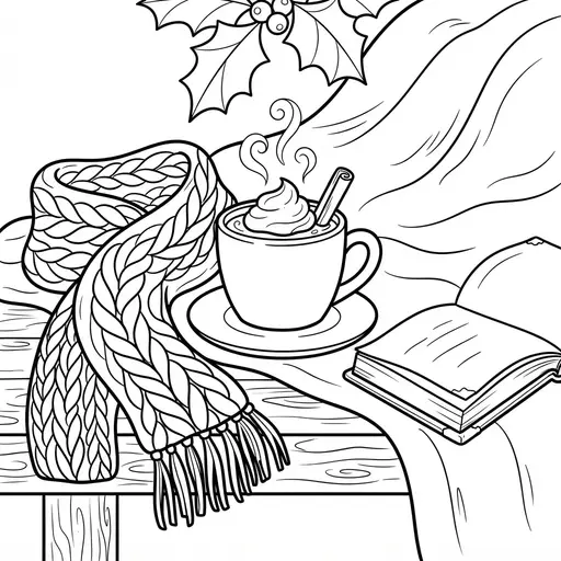 Hot Chocolate Coloring Page for Adults — Mug with a Scarf and a Book