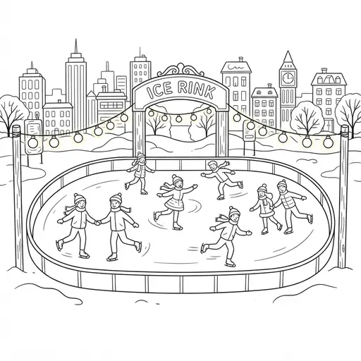 Ice Skating Coloring Page for Adults — Outdoor Ice Rink with Skaters