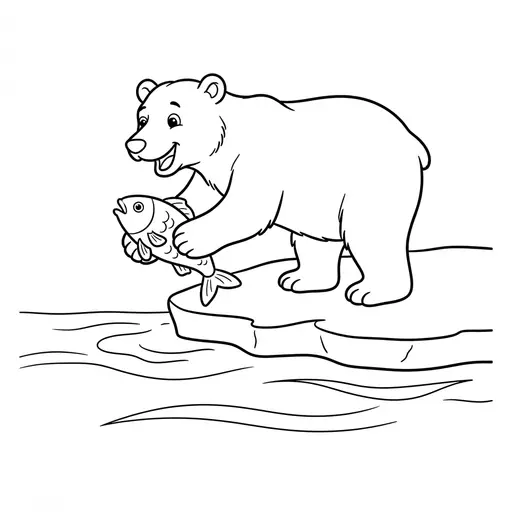 Polar Bear Coloring Page — Catching a Fish on an Ice Floe