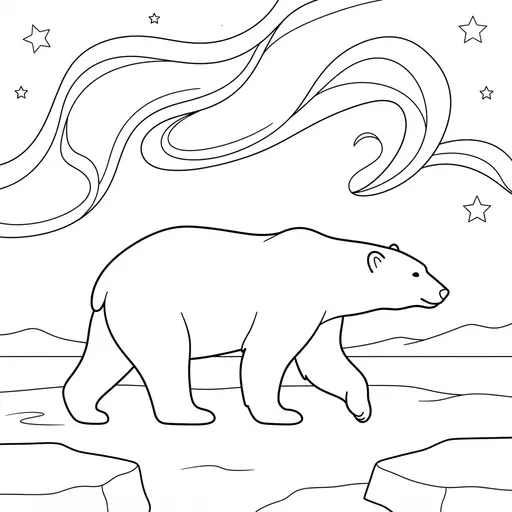 Polar Bear Coloring Page — Walking Under the Northern Lights
