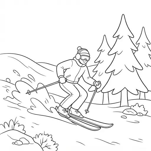 Skiing Coloring Page for Adults — Skier Racing Down a Snowy Slope