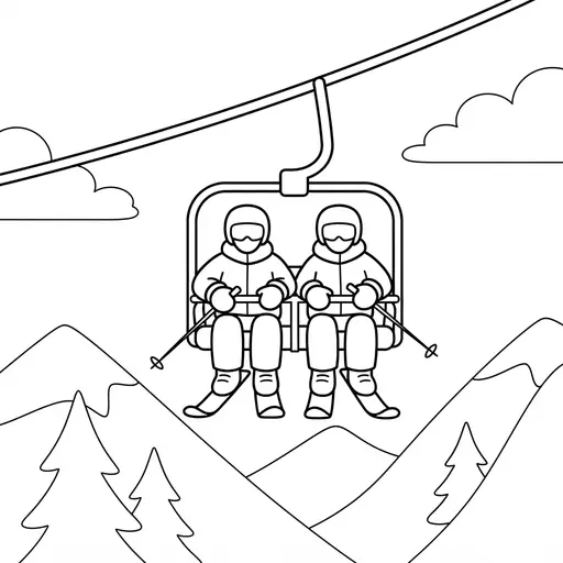 Skiing Coloring Page — Ski Lift Over Snowy Mountains