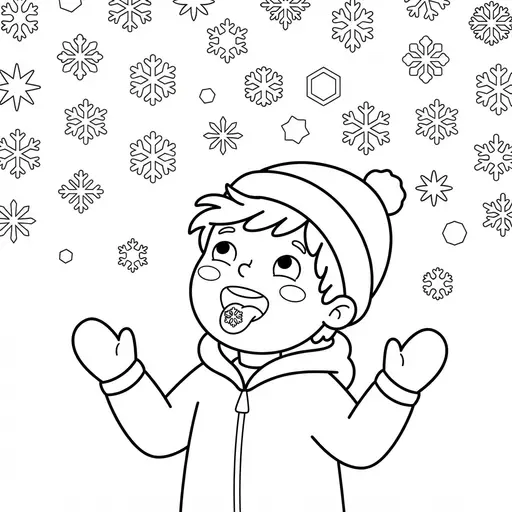 Snowflake Coloring Page — Child Catching Snowflakes on Their Tongue