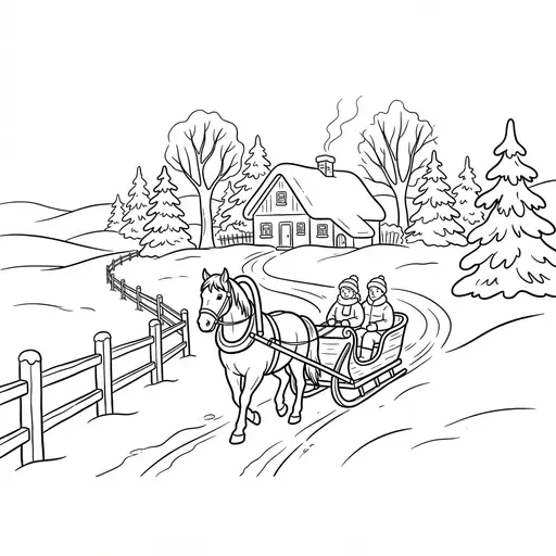 Winter Scene Coloring Page for Adults — Horse-Drawn Sleigh in the Snowy Countryside