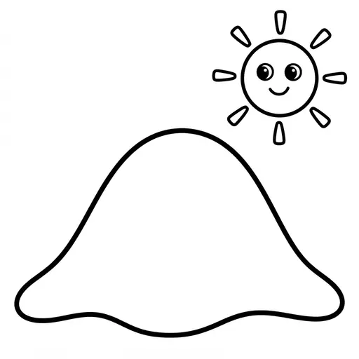 Easy Winter Scene Coloring Page — Sun Shining Above a Snowy Hill