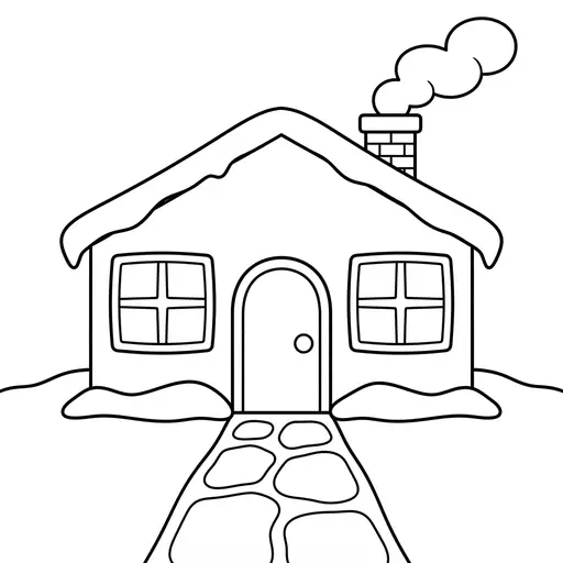Easy Winter Scene Coloring Page — Snowy House with Smoke from the Chimney