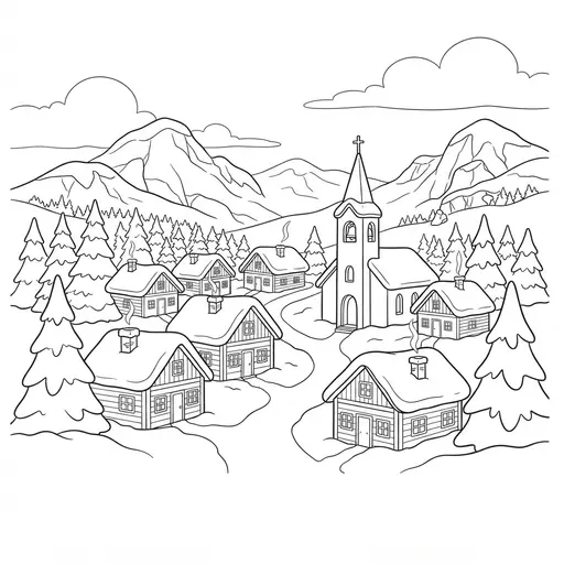 Winter Scene Coloring Page for Adults — Snowy Mountain Village with Church and Pine Trees