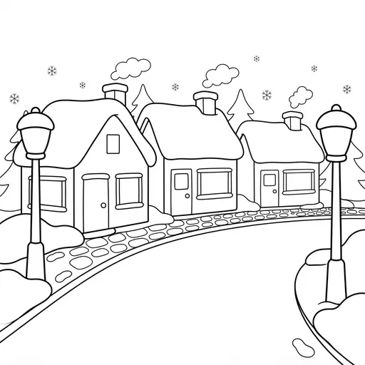 Winter Scene Coloring Page — Snowy Street with Lamp Posts