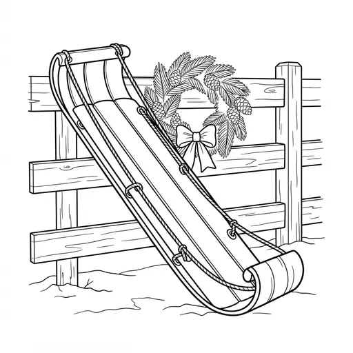 Sledding Coloring Page for Adults — Wooden Toboggan Leaning on a Fence
