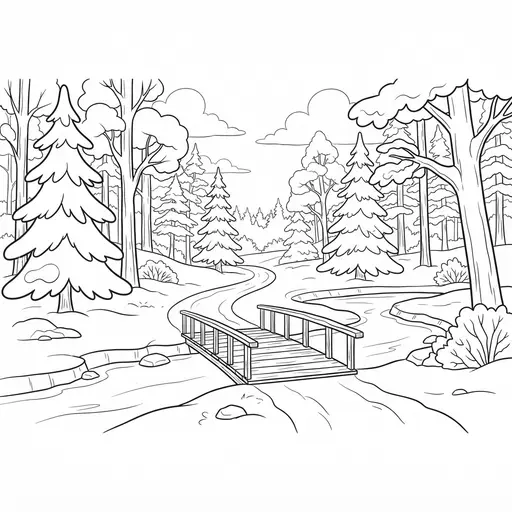 Winter Scene Coloring Page for Adults — Forest Path and Bridge Over a Frozen Stream