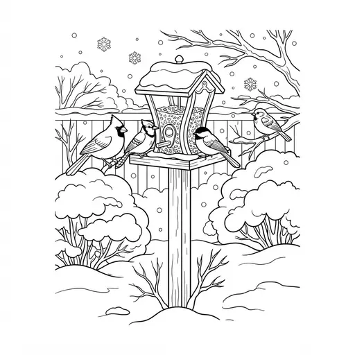 Winter Scene Coloring Page for Adults — Snowy Garden with Feeding Birds